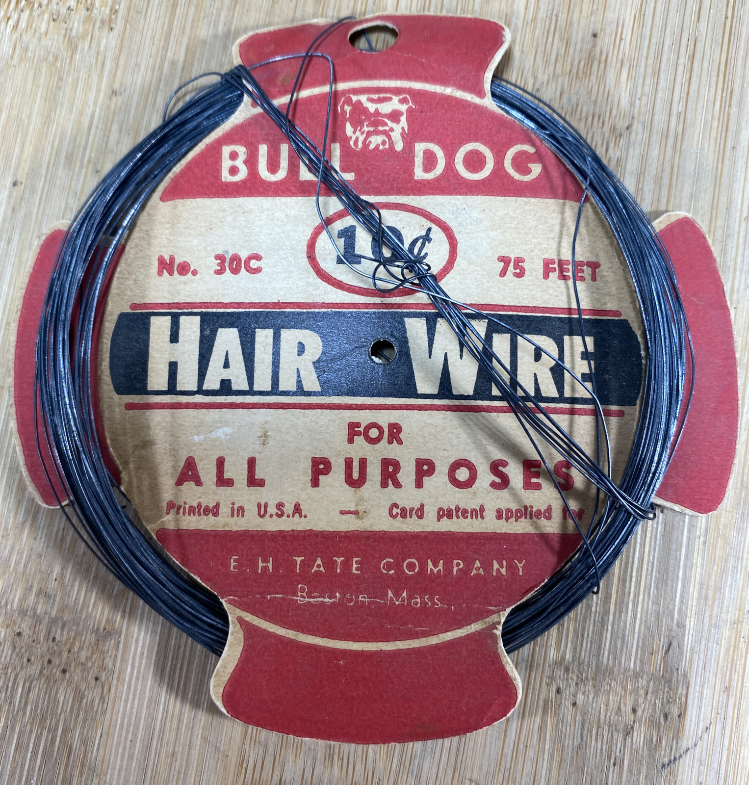 Vintage EH Tate BULL DOG HAIR WIRE! All Purpose 30c, USA, Original Display Card