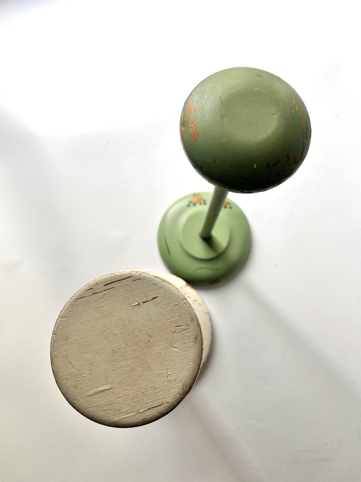 Lot of 2 Vintage Painted Green/White Shabby Wooden Hat Stand Millinery Display