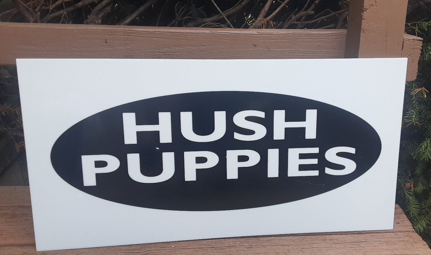 HUSH PUPPIES SHOE Advertising Store Sign, Hard Plastic 15″ by 30″ Some wear