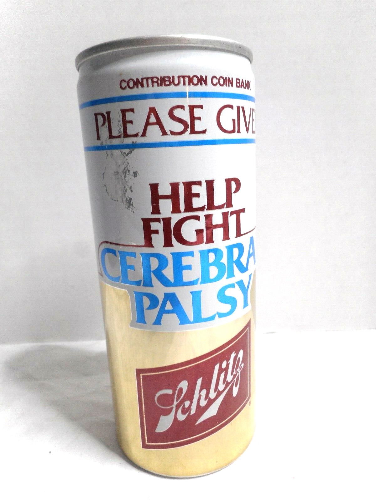 16oz SCHLITZ Beer Cerebral Palsy Metal Contribution Coin Bank Fundraiser 6 1/4″