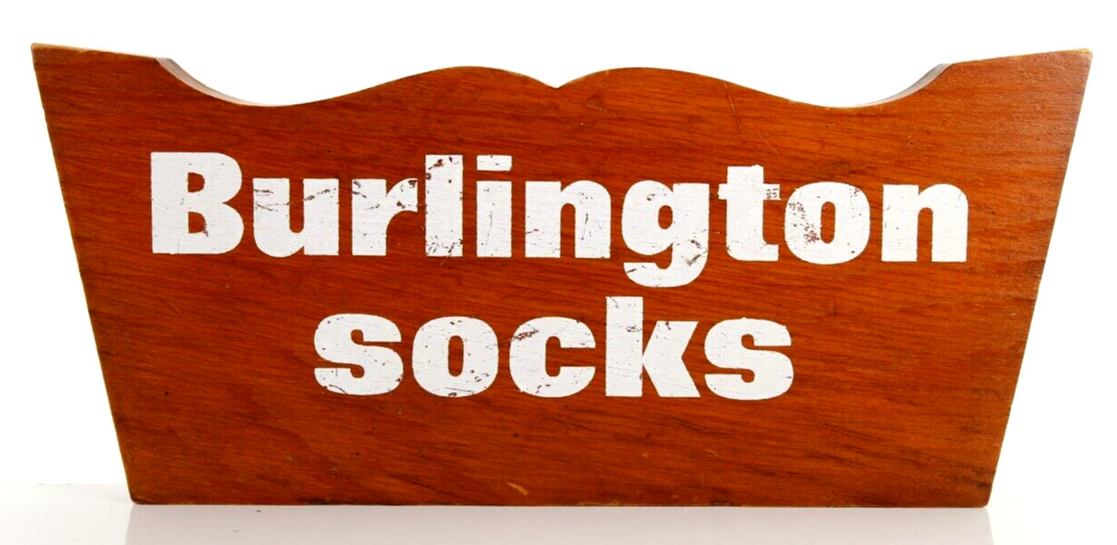 Burlington Socks Store Wood Counter Sign Vintage – Missing Pole, 12″ Wide
