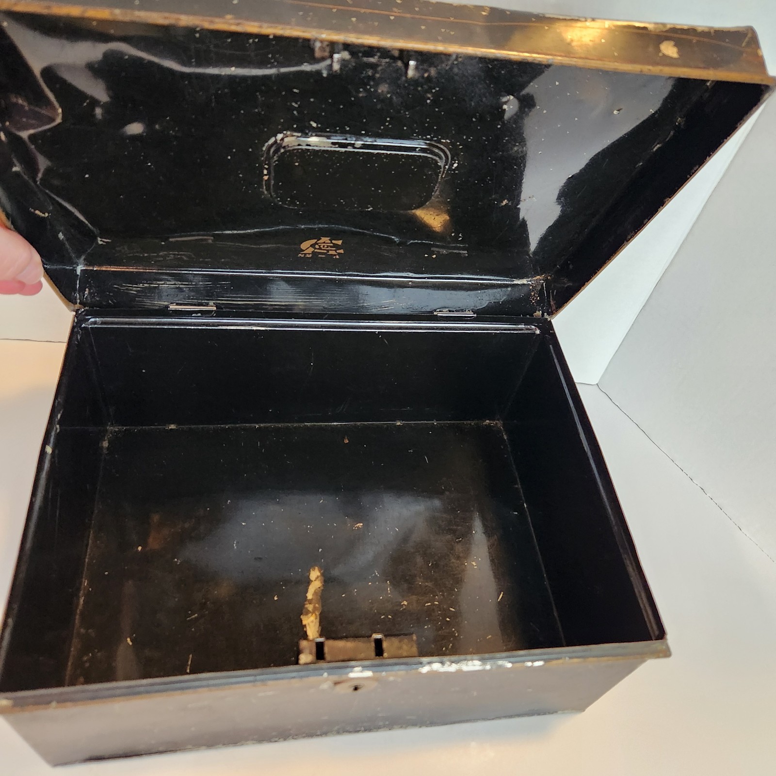 Antique Safe Metal Cash Money Box Black Locking w/Key Gold Scrollwork Distressed