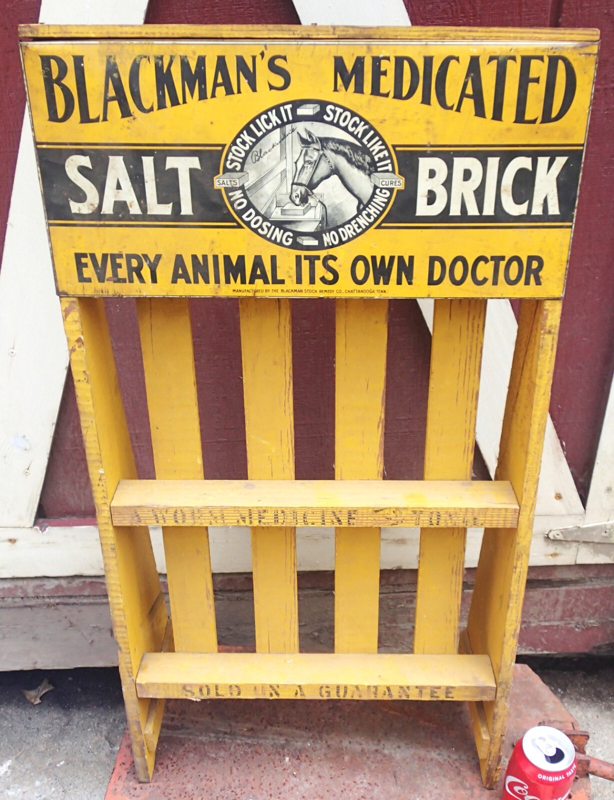 ANTIQUE BLACKMAN’S MEDICATED SALT BRICK TIN SIGN WOOD STORE SHELF RACK DISPLAY