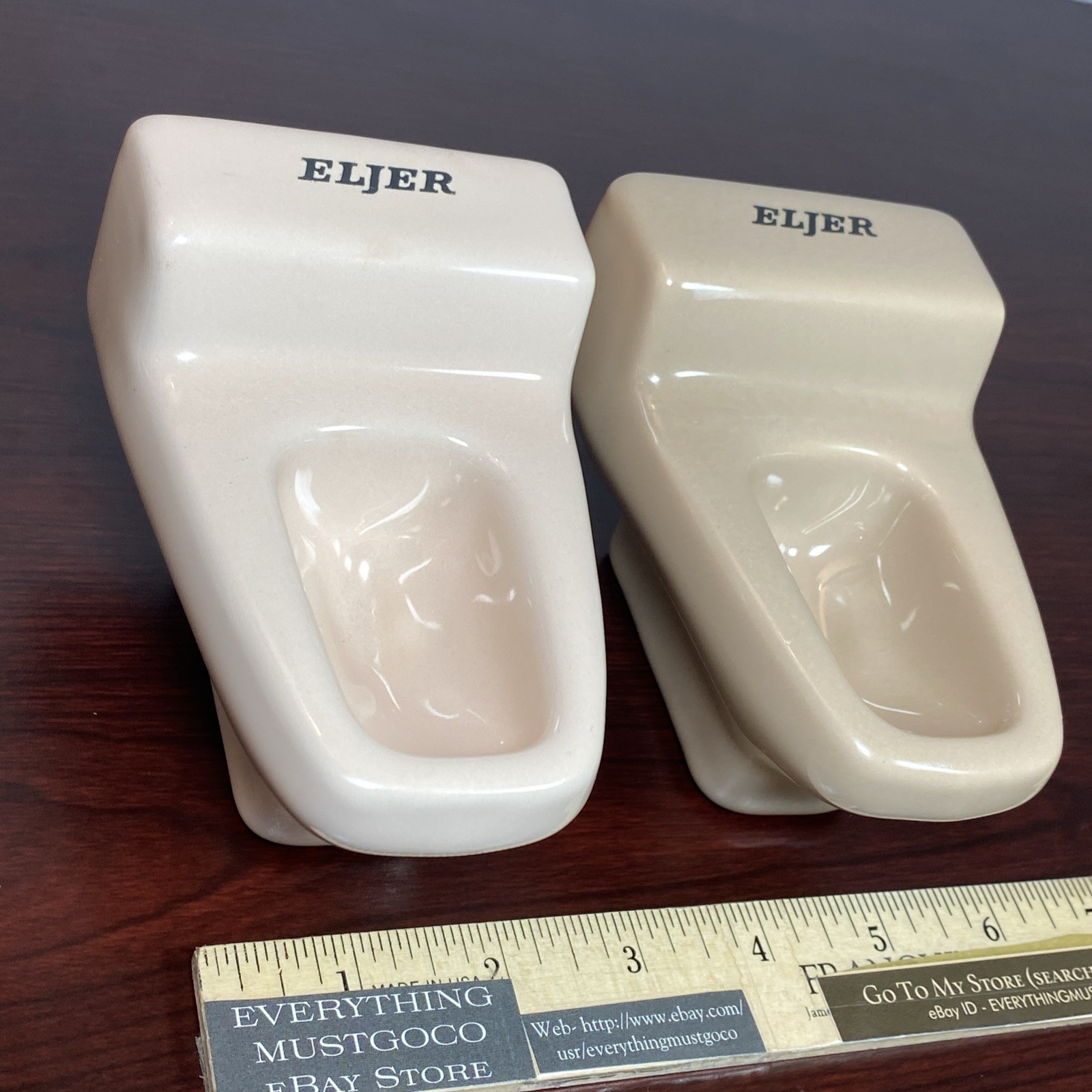 2 Vtg ELJER Salesman Sample Mini Porcelain Toilet Display Off White Pink Brown