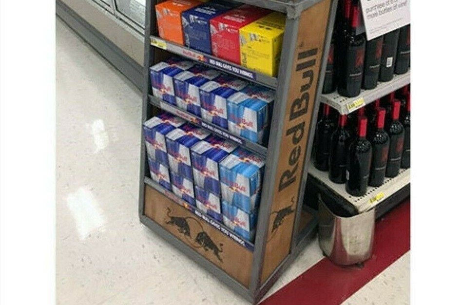 RED BULL ENERGY DRINK – RETAIL DISPLAY SHELF – WOOD AND BRUSHED METAL UNIQUE
