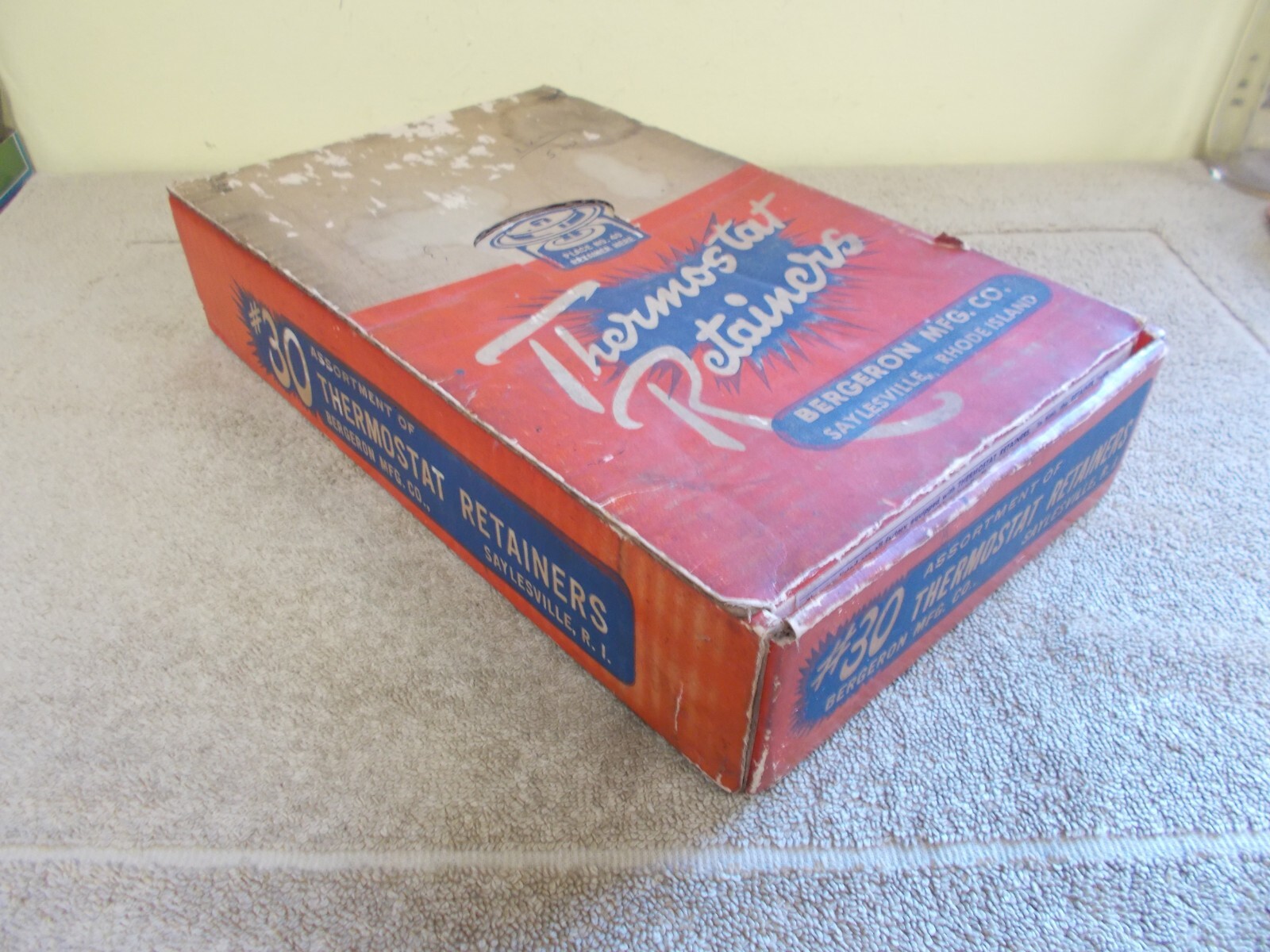 vtg~EMPTY BOX~ THERMOSTAT RETAINER AUTO PART COUNTER STORE DISPLAY GAS STATION