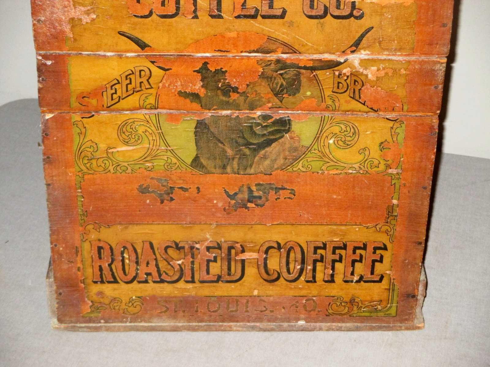 1890 ANTIQUE GENERAL STORE-COFFEE BOX-21″ROTH-HOMEYER-STEER BRAND-ST LOUIS,MO