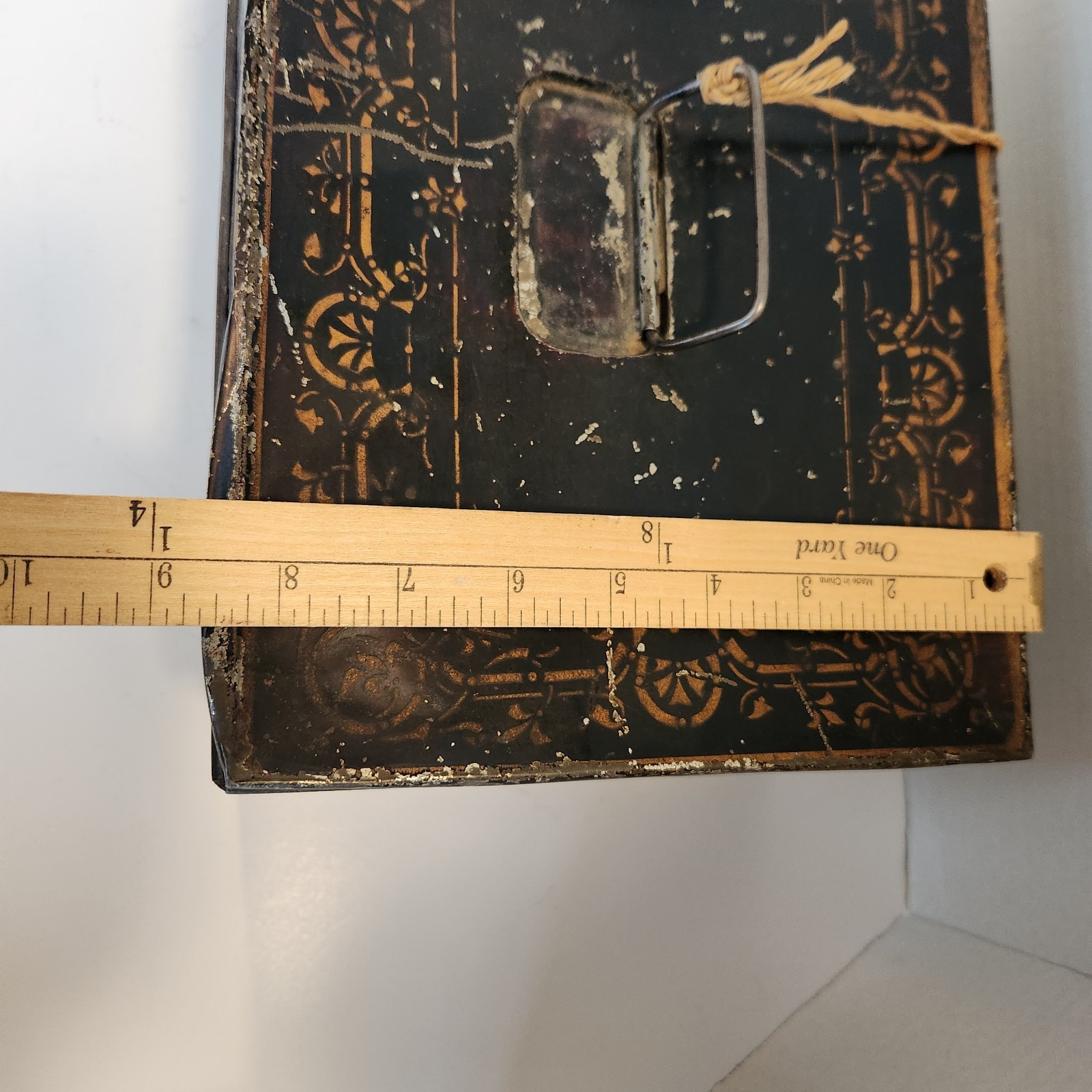 Antique Safe Metal Cash Money Box Black Locking w/Key Gold Scrollwork Distressed
