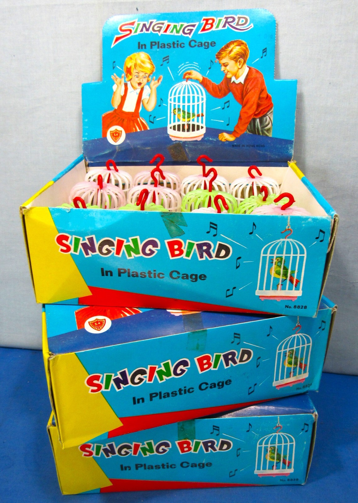 12 Toy Singing Birds in Cages + Counter Top Store Display Box ~ Hong Kong ~ N.R.
