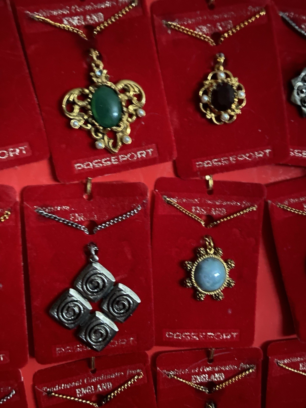 2- Vintage Dime Store Passport England 12 Necklace Full Display Costume Jewelry