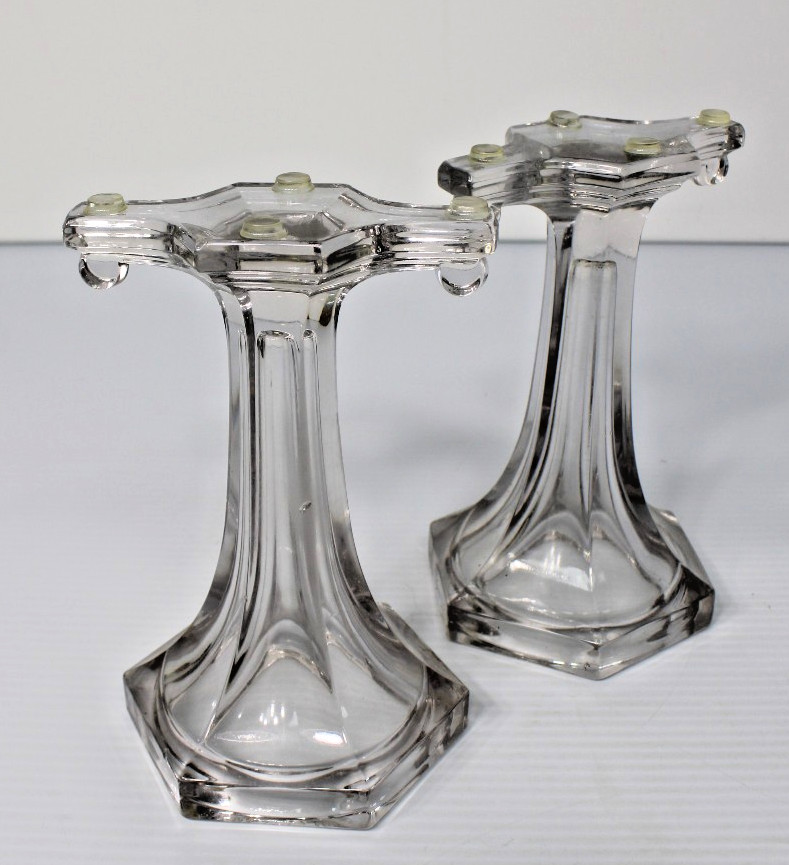 Antique Clear Glass Shelf Risers, Pedestals, Store Display Columns Pair 7-1/4″H