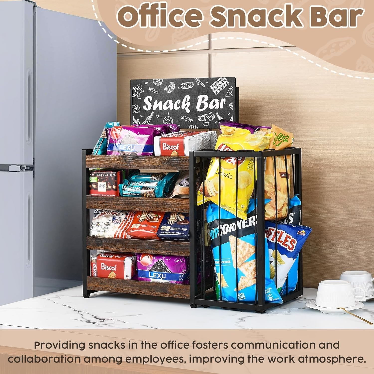 Rustic Wood & Metal Snack Organizer 4-Tier Display for Kitchen & Retail Spaces