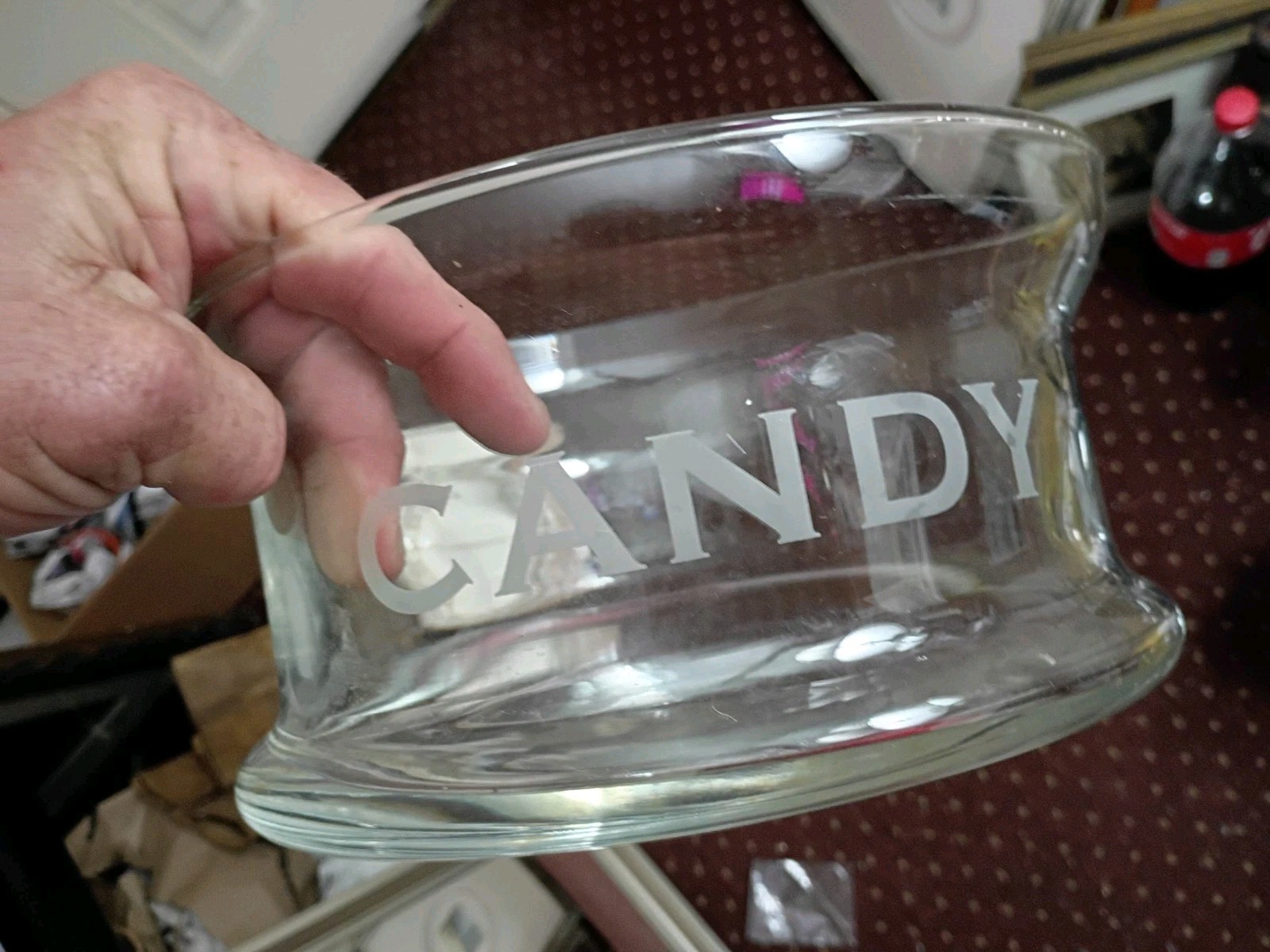 Old Candy Store Clear Glass Display Jar Bowl Etched Letters Vintage Antique