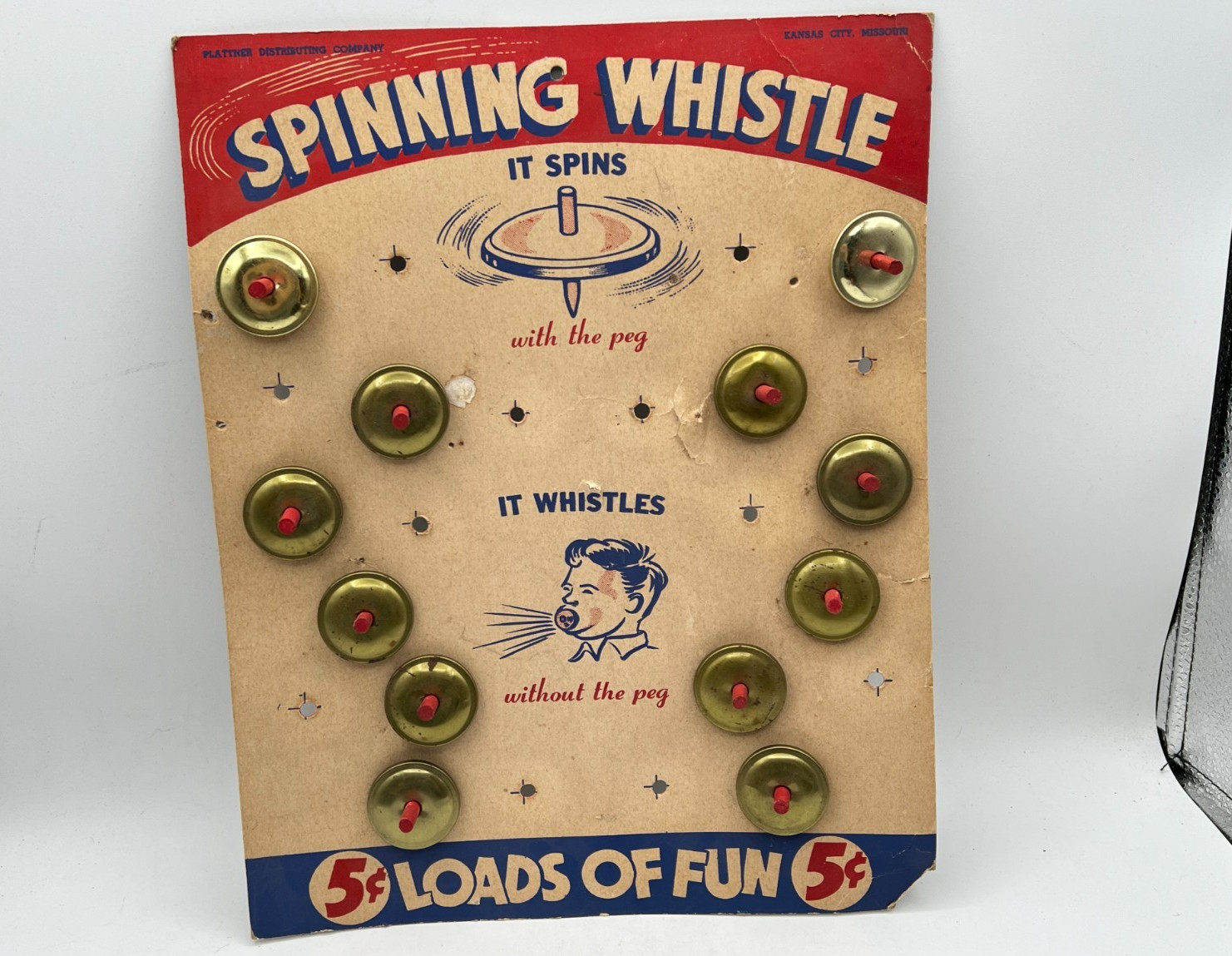 Vintage Plattner 1940’s Spinning Whistle Store Display Card w/ 12 Spinning Tops