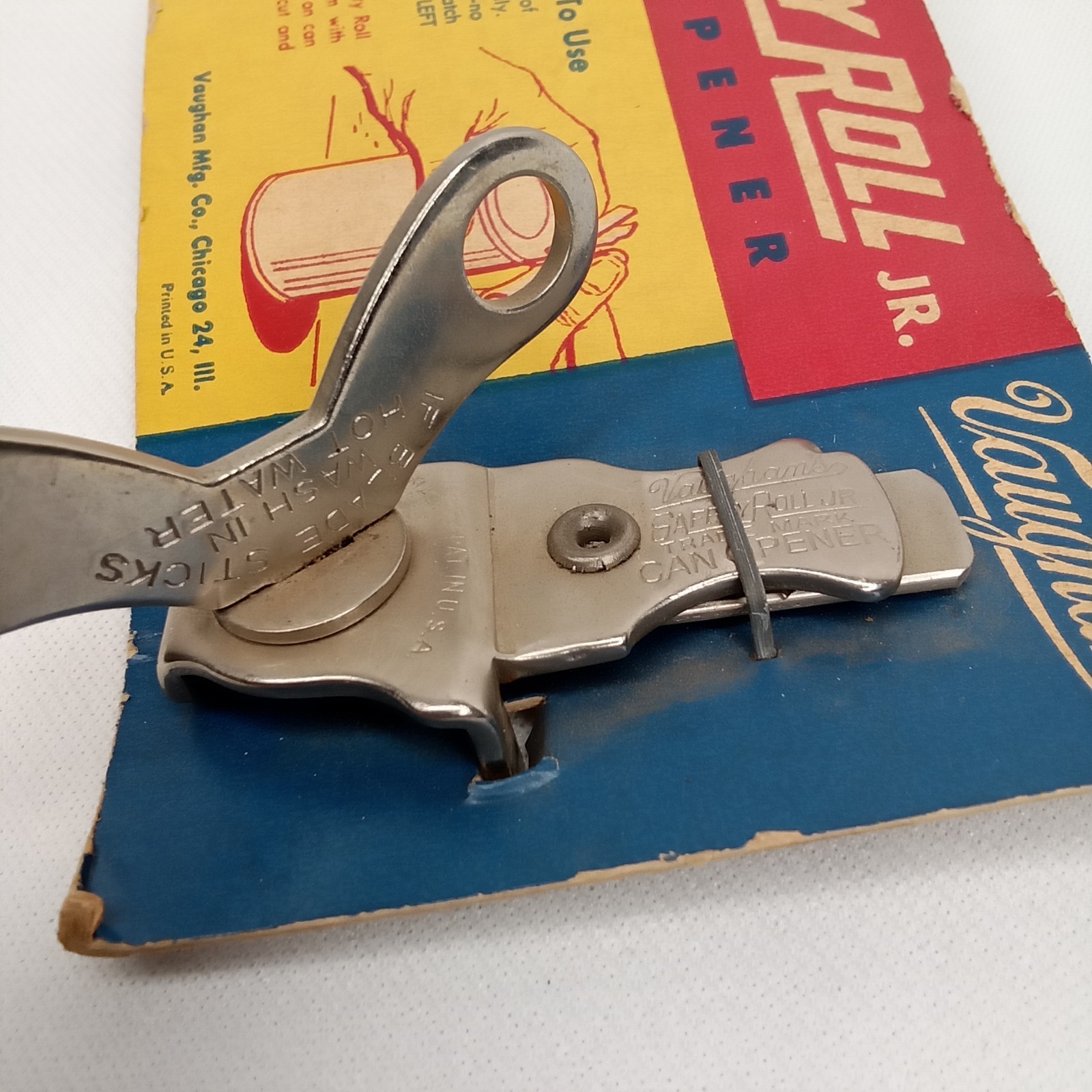 Antique 1940s Advertising Can Opener On Store Display Vaughan’s Safety Roll Jr