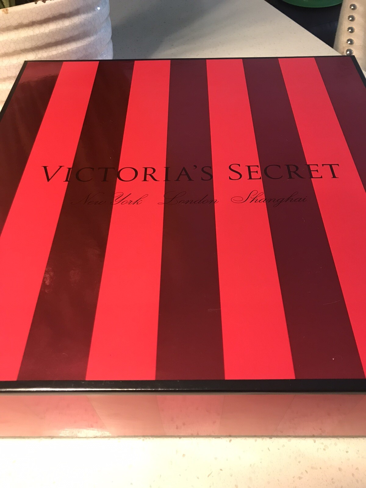 Victoria’s Secret Red Strip Hat Box NY London Shanghai Decor