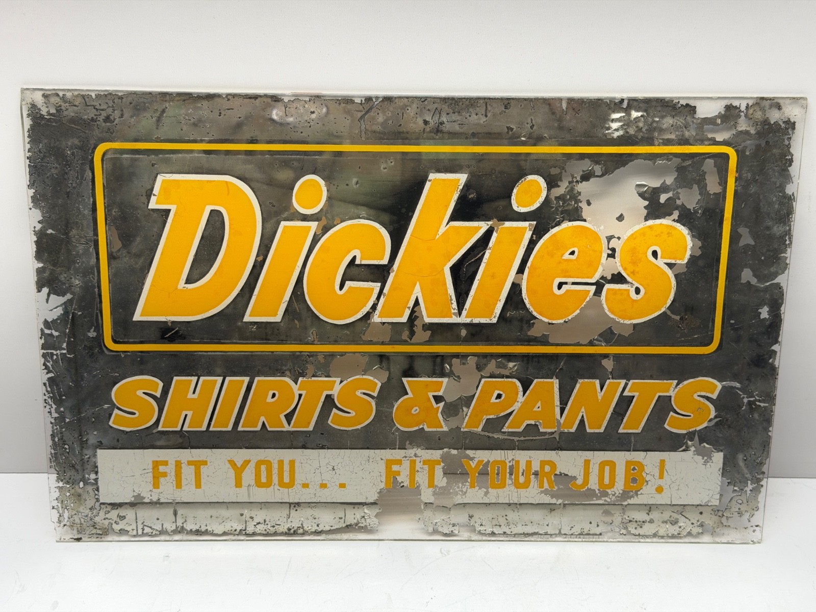 VTG ATQ Dickies Shirts Pants Workwear Mirror Glass Sign Store Display 16×10 RARE