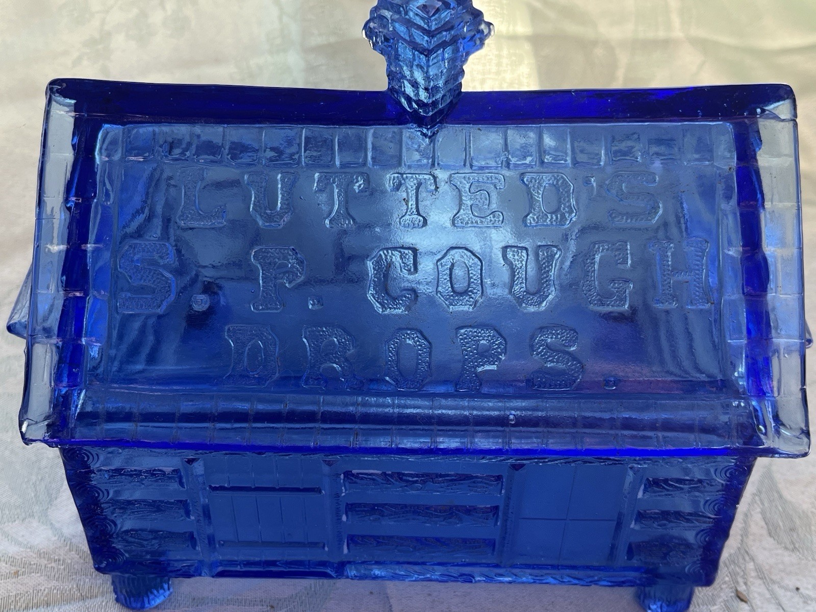 Vintage Lutted’s S.P. Cough Drops Cobalt Blue Glass Log Cabin Candy Dish 7″ H
