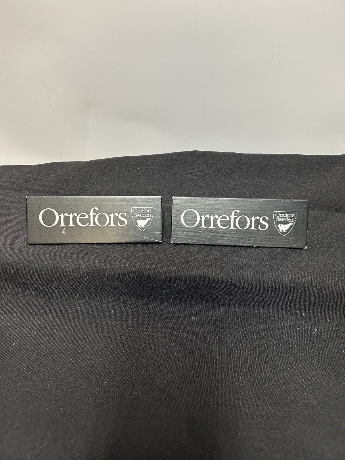 Orrefors Sweden Wooden Retail Display Signs Lot of 2 Crystal Store Advertising