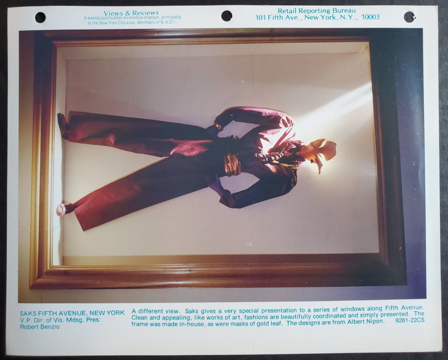 1980s SAKS FIFTH AVENUE, NEW YORK WINDOW DISPLAY PHOTO PRINT MASKS OF GOLD LEAF