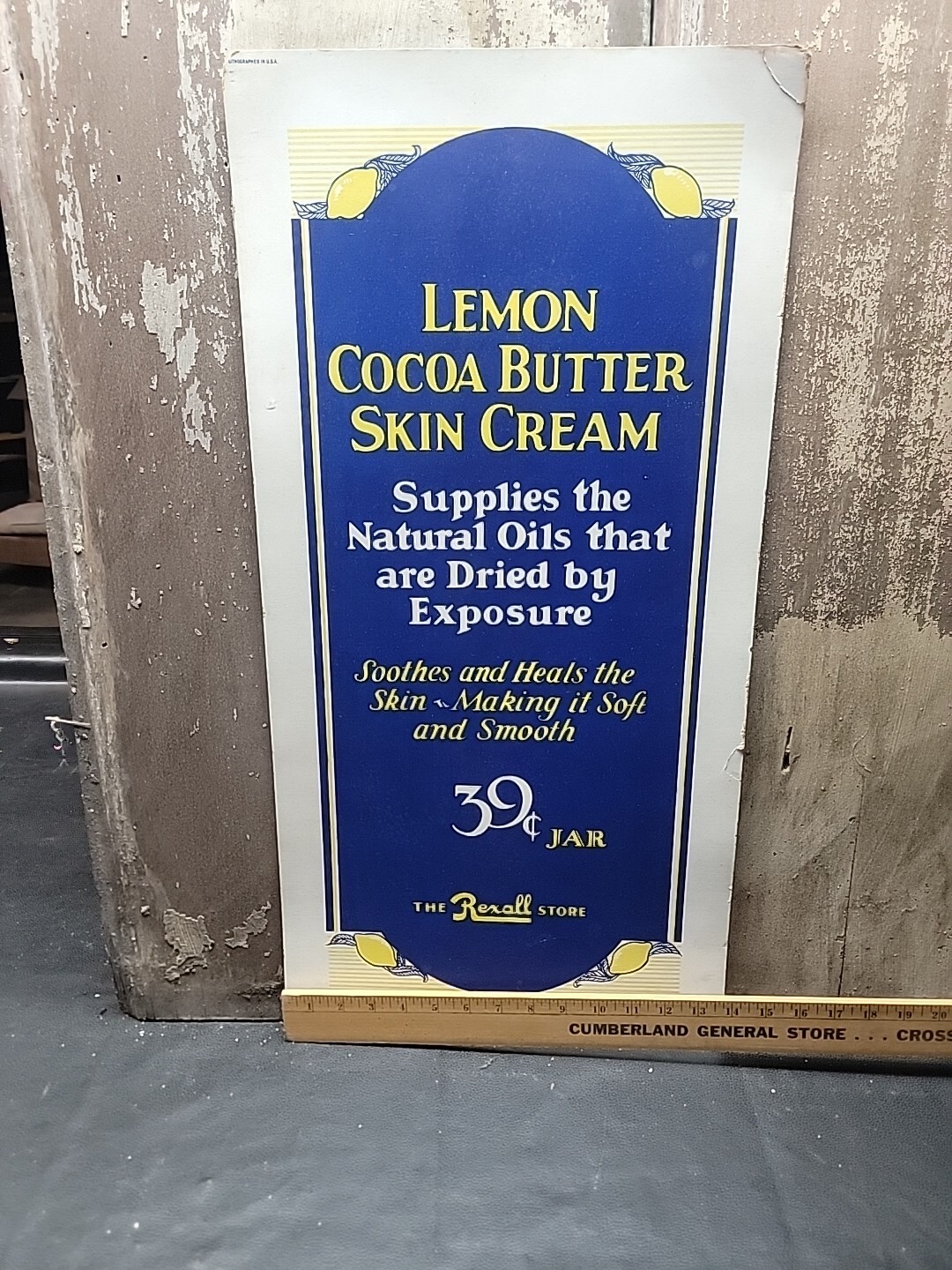 VtgTHE REXALL STORE/LEMON COCOA BUTTER SKIN CREAM Cardboard Store Display Poster