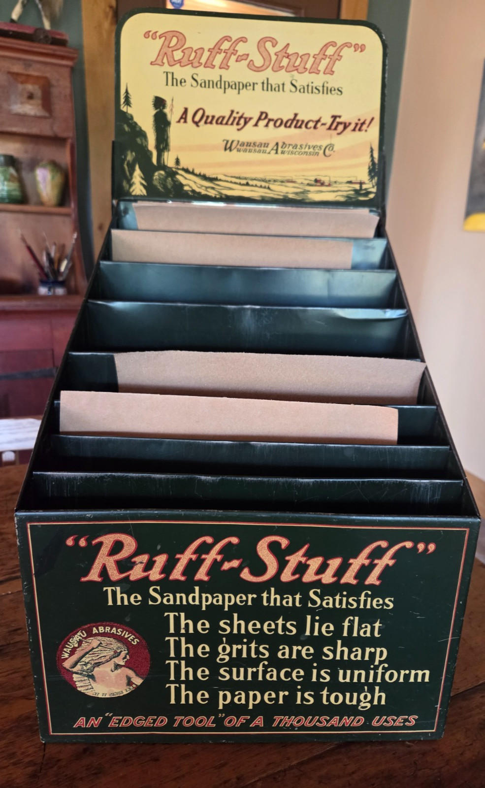 Vintage Metal Store Counter Display ” Ruff-Stuff” Sandpaper Wausau Wisconsin