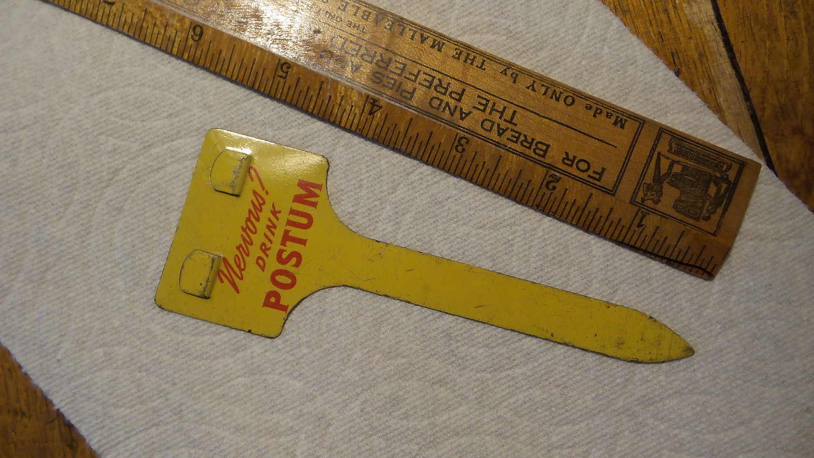 Antique Advertising Store Display Price Tag Sign Holder POSTUM Drink, Nervous?