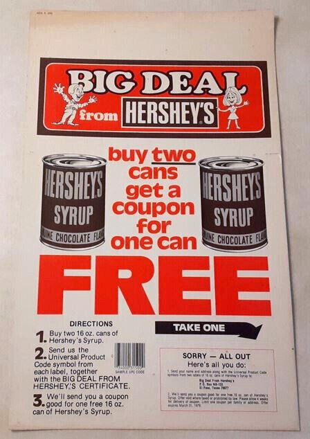 Vintage Hershey’s Chocolate Store Display Sign Ad Advertisement Syrup 1970s 1979