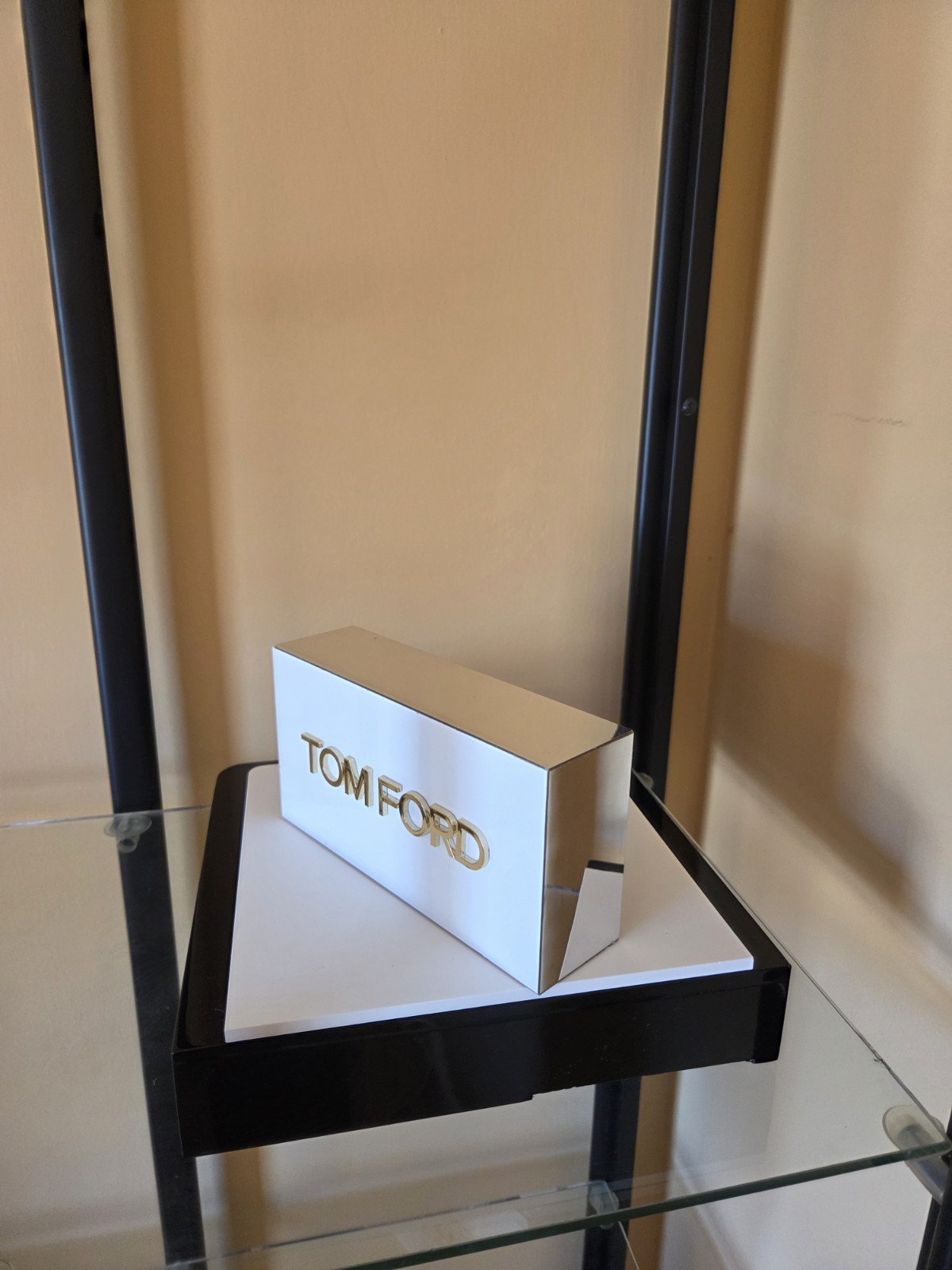 TOM FORD SUNGLASSES EYEGLASSES LOGO DISPLAY, SIGN. PLASTIC MIRROR , WHITE/BROWN