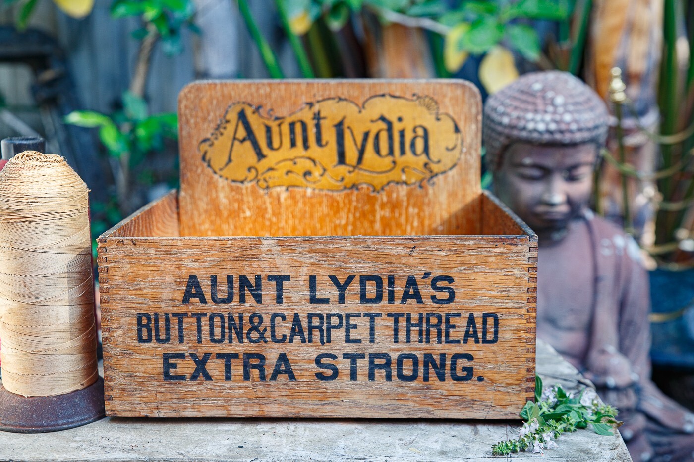 Vintage 1920s Wooden Ad Display Box Aunt Lydia’s Button & Carpet Thread