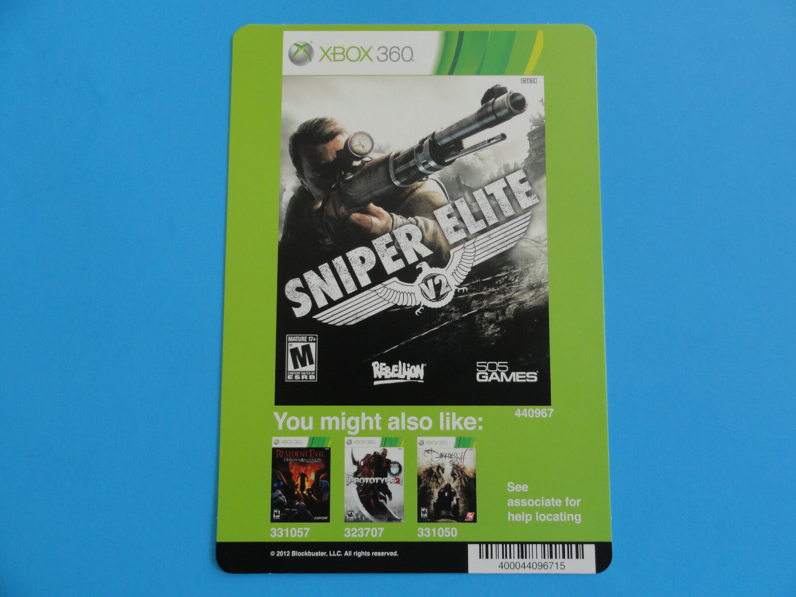 XBOX 360 SNIPER ELITE V2 BLOCKBUSTER VIDEO BACKER CARD 5″X8″ -NO GAME