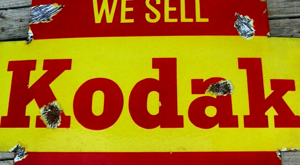 KODAK – TWO-SIDED ENAMEL LICENSE PLATE – WITH STAND – 1940s/50s