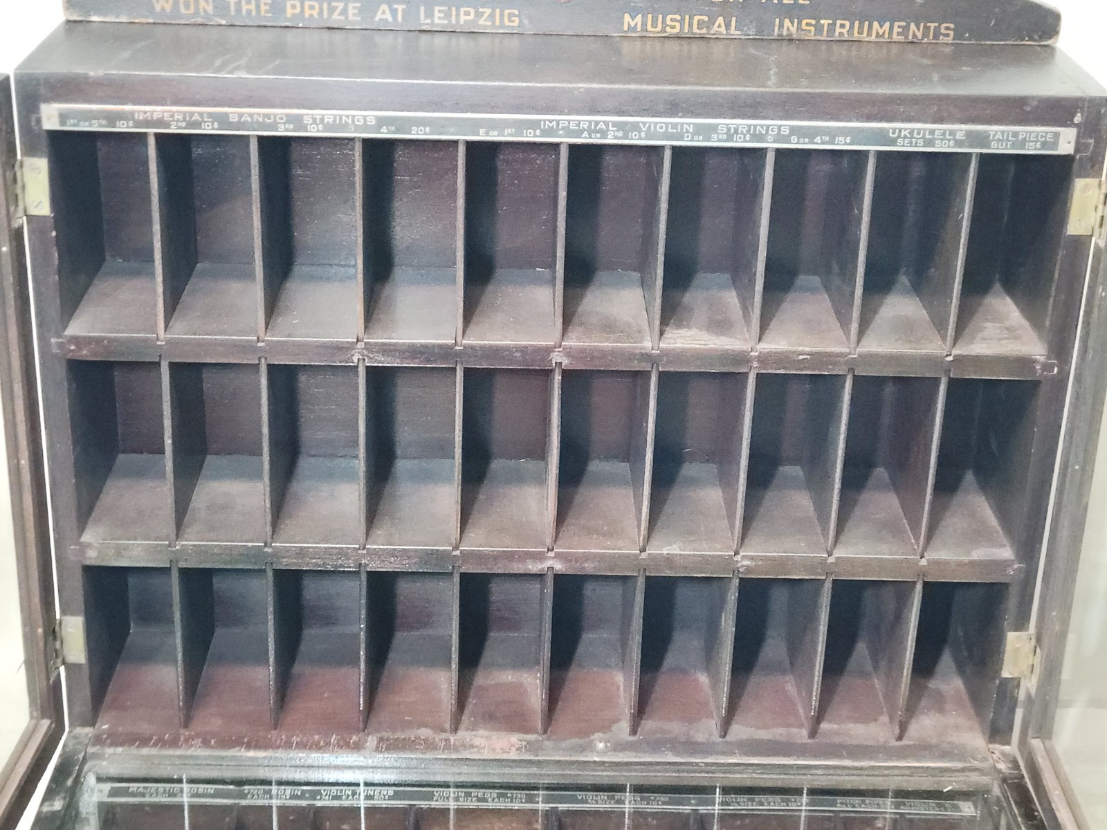 Musical Instrument Strings Store Display Cabinet Antique Violin Guitar Banjo 20s