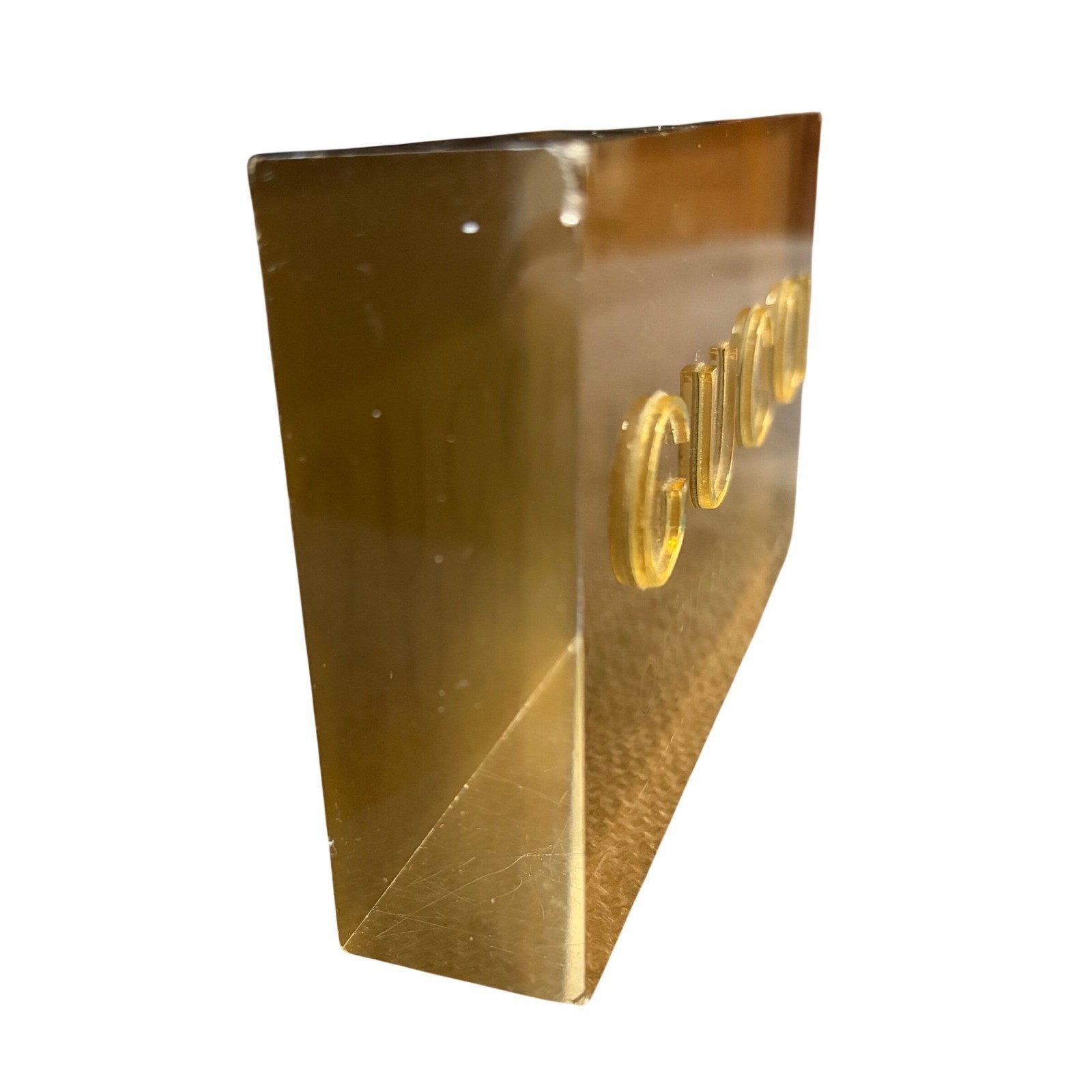 Gucci Official Dealer Lucite Logo Sign Gold Acrylic Display Block Boutique Decor