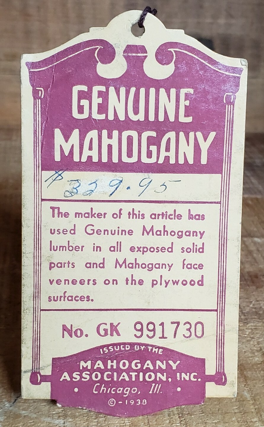 Vintage Genuine Mahogany Association Price Tag 1930’s Ephemera