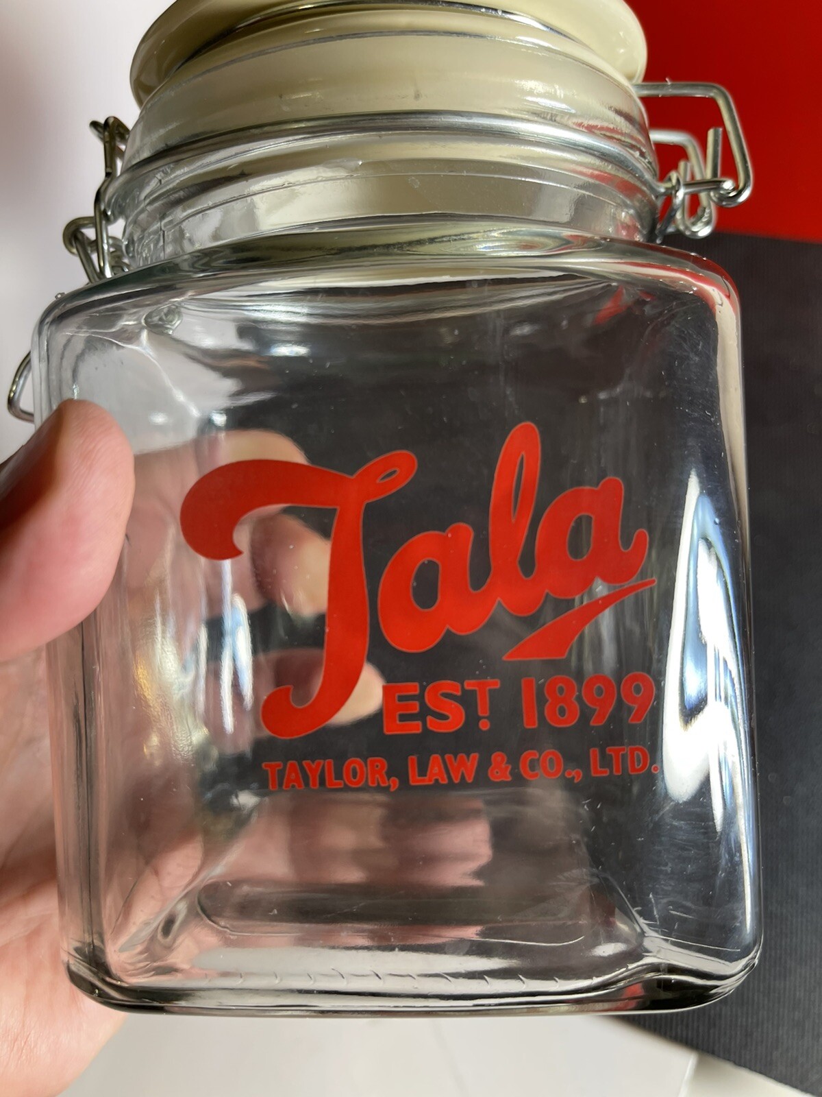 TALA Est 1899 Taylor Law Store Counter Glass Lidded Canister Jar Display