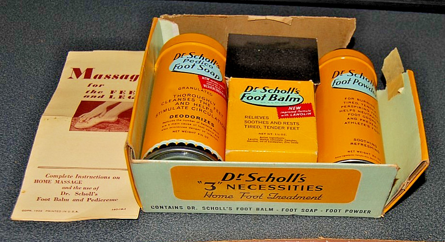 Vintage 1940s Dr. Scholl’s Counter Display Foot Care Kit, Tins Etc