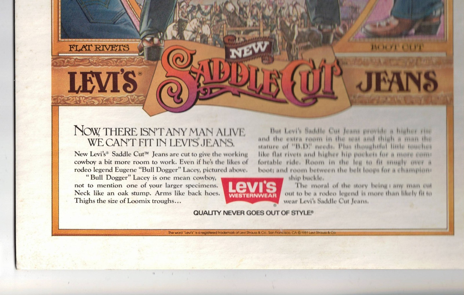 1981 LEVI’S SADDLE CUT JEANS Advertising Cardboard Store Counter Display/Easel