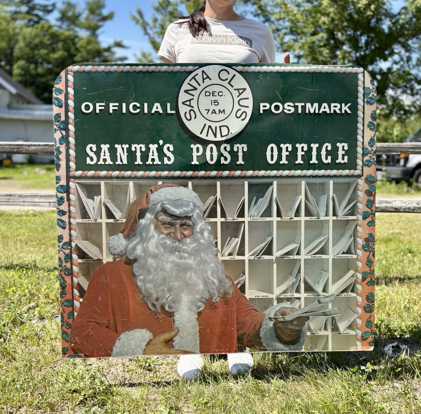 🔥Lg Vintage Tin Metal Santa Claus Santa’s Post Office ESSO Holiday Display Sign