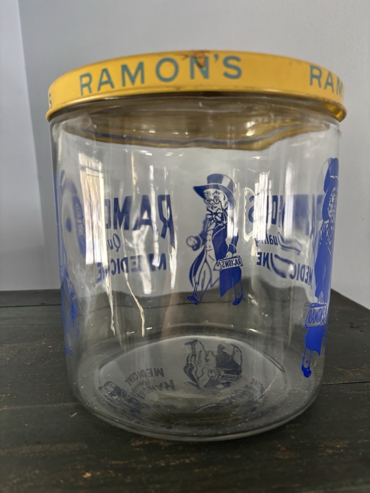 1930s Vintage Ramon’s Quality Medicine Store Display Jar Metal Tin Lid Rare