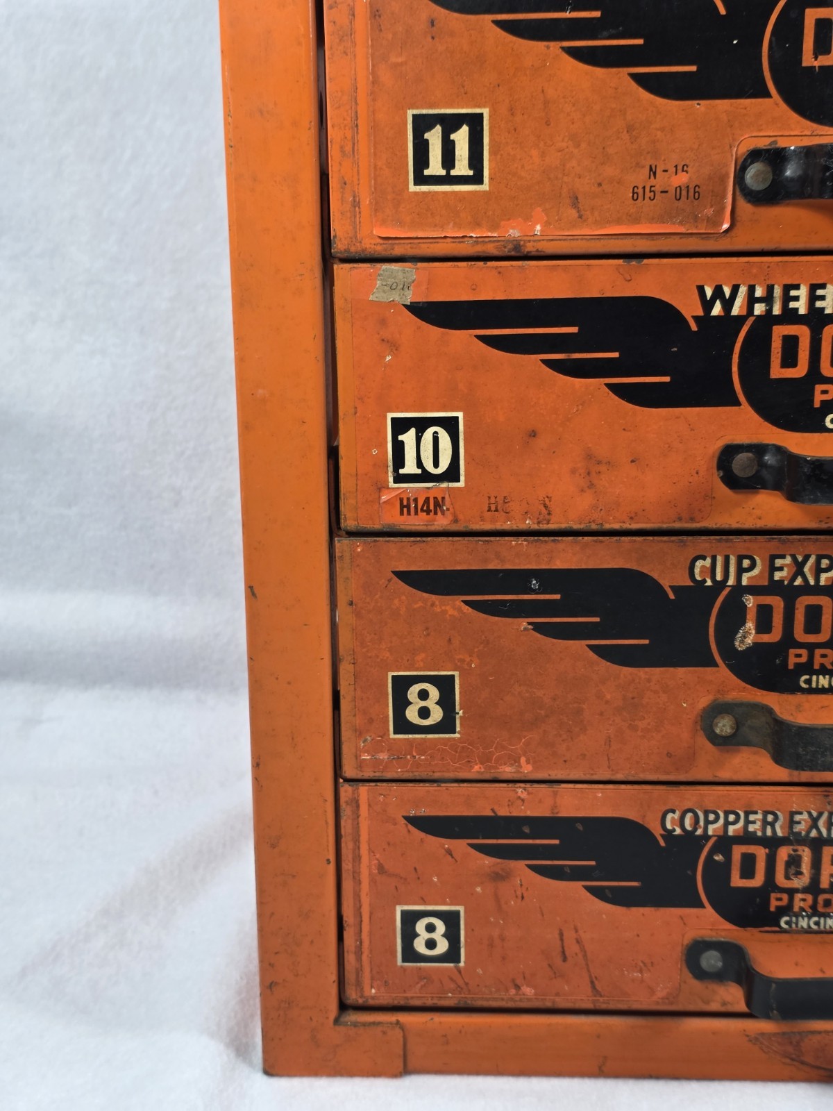 VTG Dorman Auto Parts Bin 4 Drawer Cabinet Counter Orange Tool Organizer
