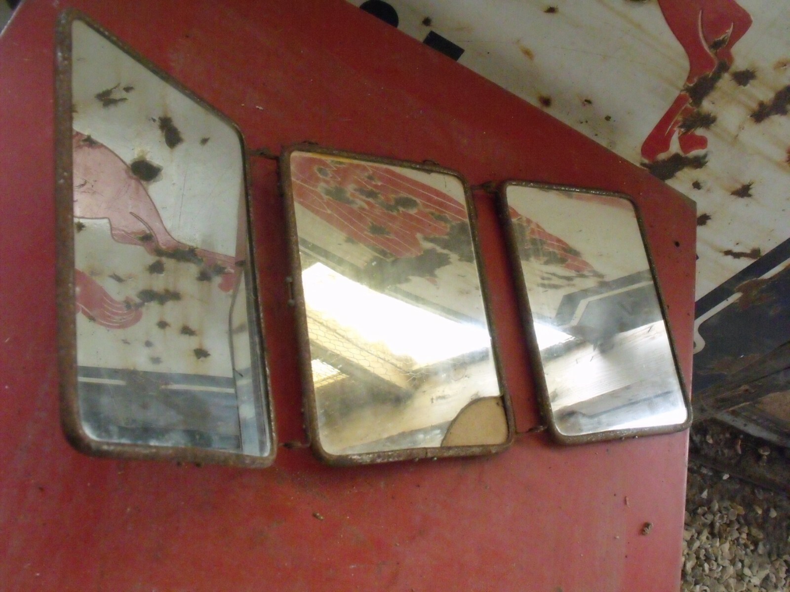 old TRIPTYCH MIRROR 1950, GARAGE CAR MOTORCYCLE, not enamelled