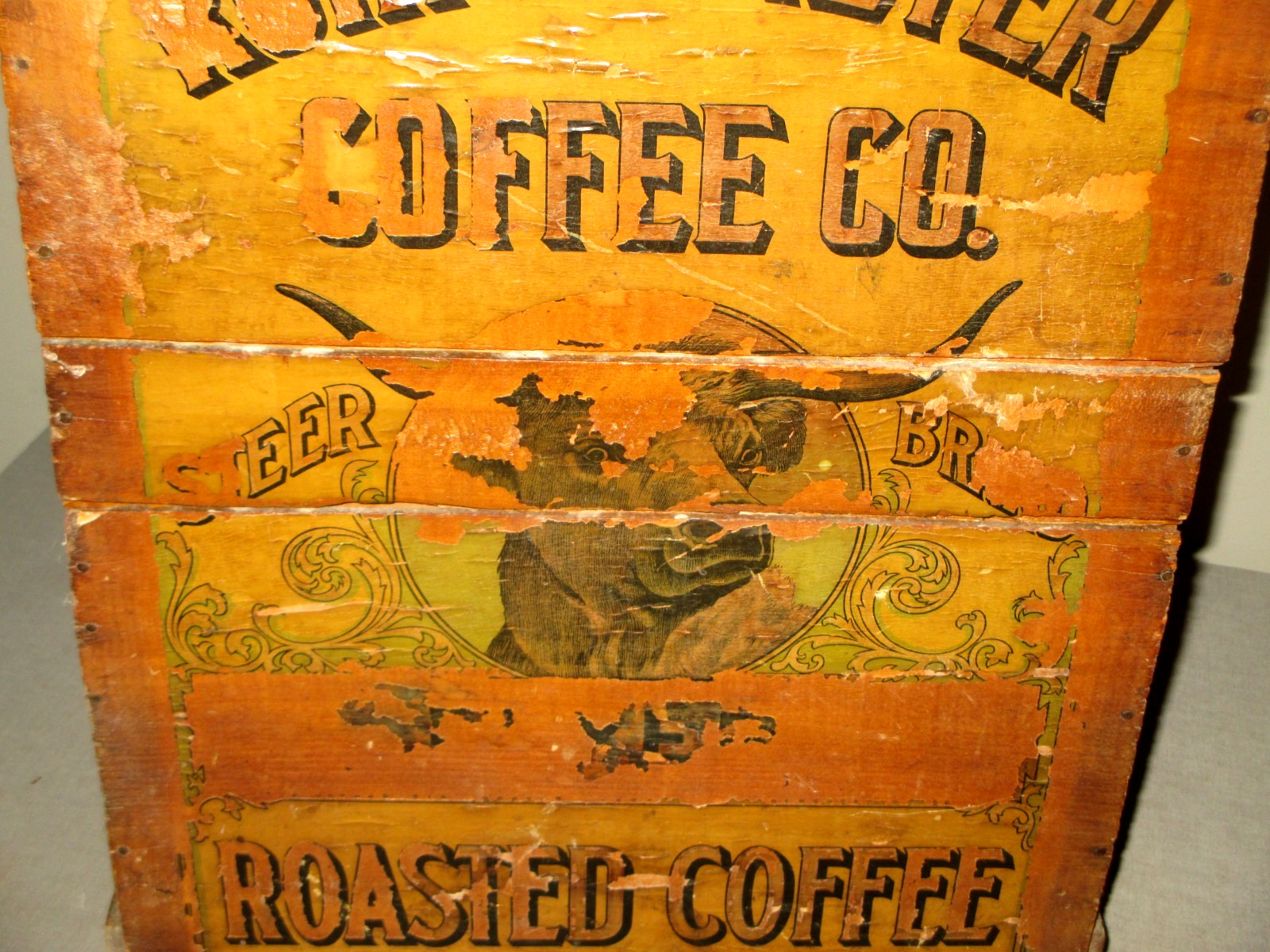 1890 ANTIQUE GENERAL STORE-COFFEE BOX-21″ROTH-HOMEYER-STEER BRAND-ST LOUIS,MO