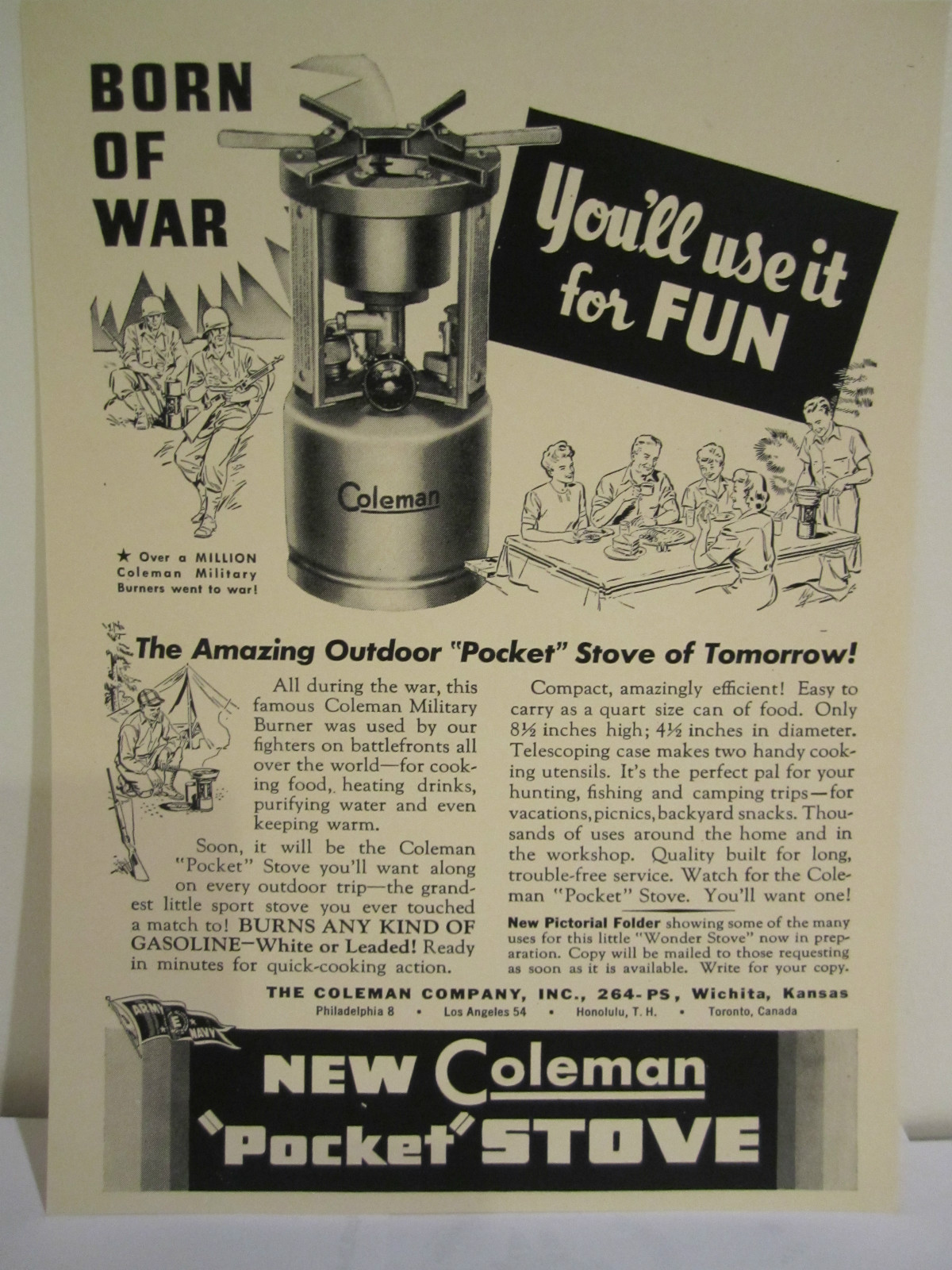 VINTAGE 1940’s WWII COLEMAN OUTDOOR POCKET STOVE “BORN OF WAR” SIGN AD