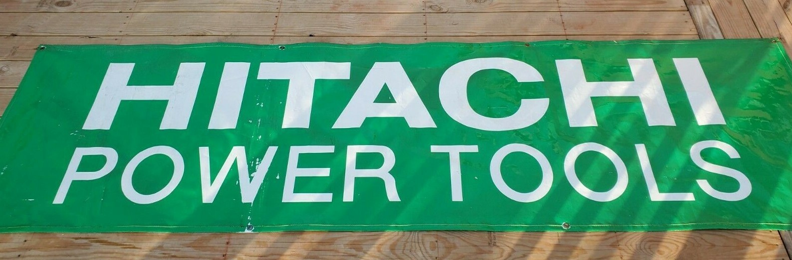 VINTAGE LARGE HITACHI POWER TOOLS LOGO VINYL BANNER ADVERTISING SIGN