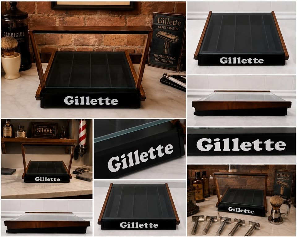 Vintage Gillette Countertop Display Case Barber Shop Advertising Wood Glass