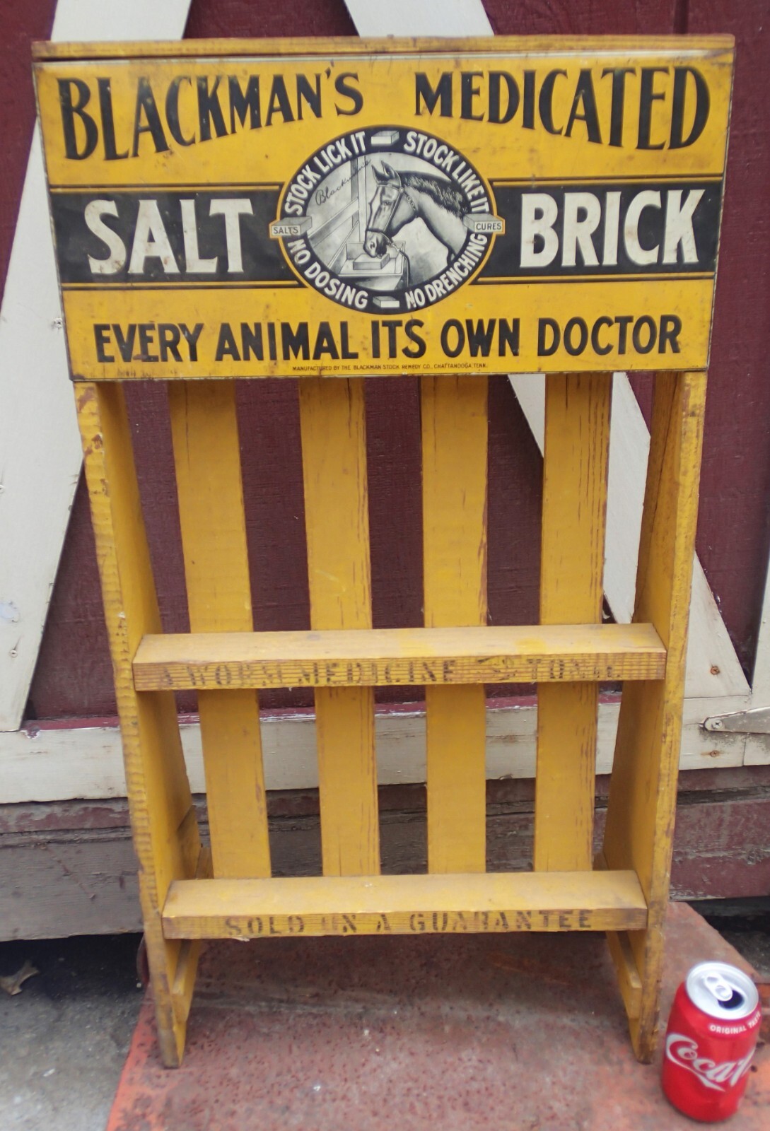 ANTIQUE BLACKMAN’S MEDICATED SALT BRICK TIN SIGN WOOD STORE SHELF RACK DISPLAY