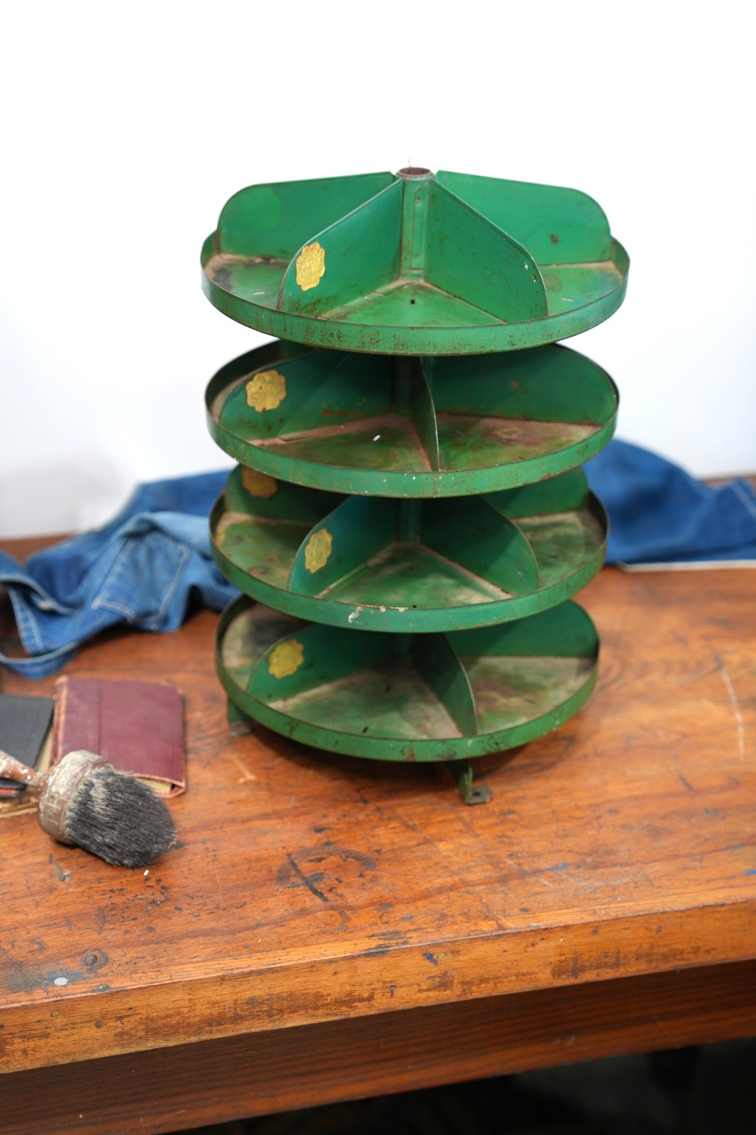 Antique Rotating Store Counter Display Rack Jewelry Stand Vintage Green