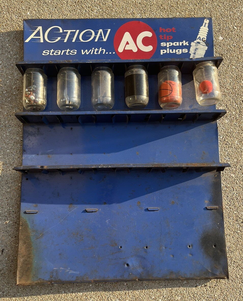 Vintage Action AC Hot Tip Spark Plugs Metal Wall Display Advertising Made in USA