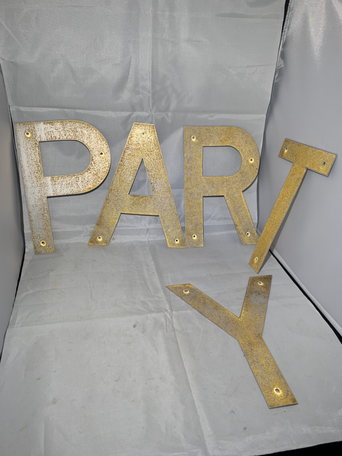 5 Vintage Advertising 8” tall store letters P A R T Y stainless painted letters